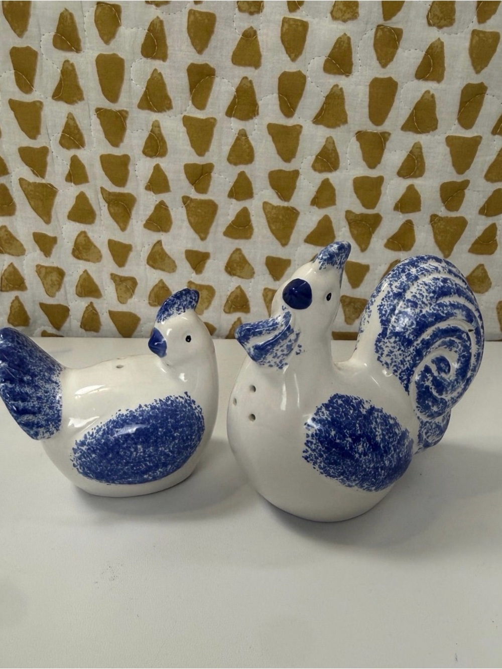 Blue & White Spongeware Ceramic Rooster and Hen Salt & Pepper Shaker Set